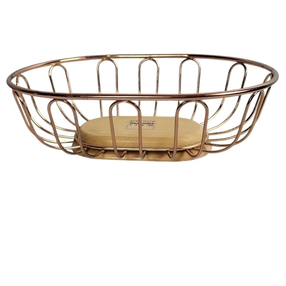 Well Equipped Kitchen Brass Basket Wooden Base